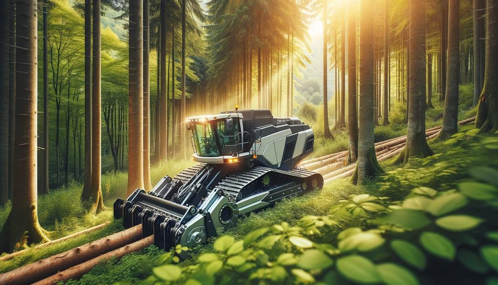 équipement forestier: A modern forestry machine, freshly leased, cutting through dense, lush forest; sunlight filtering through tall trees, highlighting the machine's sleek design and rugged capability; vibrant green foliage in the background. Leasing Forestry Equipment The Smart Way to Grow Your Business