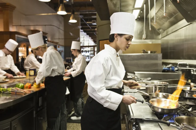 Chefs in a commercial restaurant kitchen / Chefs dans une cuisine de restaurant