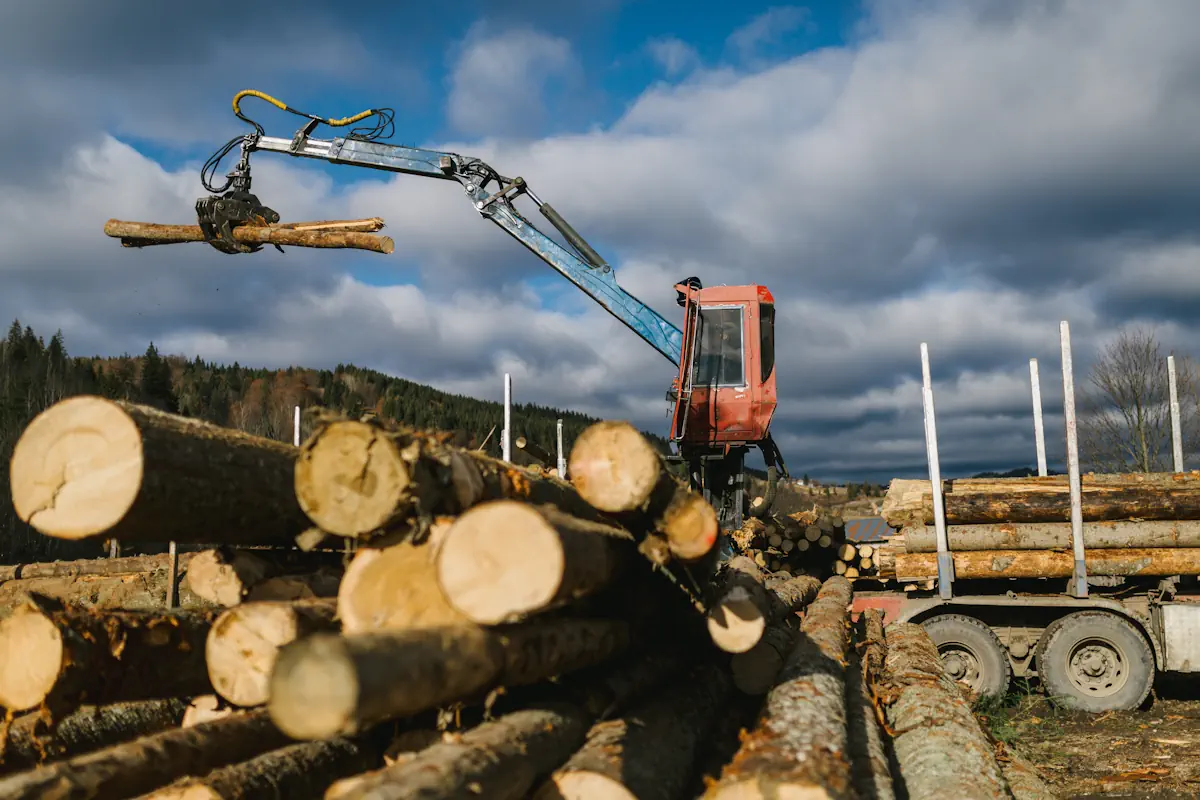 Crane loading wood into wood truck and the wood grapple holding logs in the air